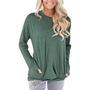 PLOKNRD Women Casual Round Neck Long Sleeve Fit Tunic Top Baggy Comfy Blouse with Pockets