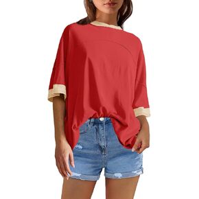 Panadila Womens Oversized Tshirts Colorblock Tops Crew Neck Short Sleeve Shirts Summer Athletic BF Tees Loose Fit Y2k
