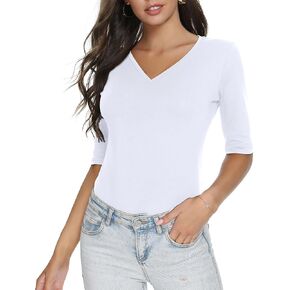 تي شيرت نسائي أساسي بنصف كم وياقة على شكل V، وقمصان علوية قطنية كاجوال قابلة للتمدد in Kuwait