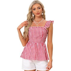 Allegra K Gingham Peplum Top for Women's Summer Square Neck Sleeveless Plaid Blouse