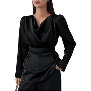 OYOANGLE Women's Satin Cowl Neck Draped Blouse Puff Long Sleeve Tie Waist Elegant Dressy Shirt Tops