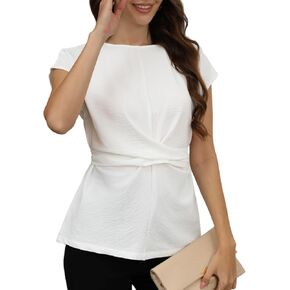 CiCiBird Women Dressy Casual Blouse Work Tie Back Peplum Shirt Trendy Crew Neck Cap Sleeve Tops