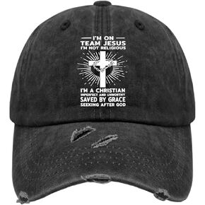I'm On Team Jesus I'm A Christian Imperfect and Unworthy Saved by Grace Seeking After God Hat for Womens Washed Distressed Baseball Cap Low Profile Washed Hiking Hats Adjustable, Allblack