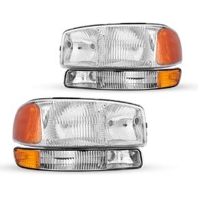 Torchbeam Chrome Housing Headlight Assembly+Bumper Light Lamp Replacement for 2006(1999-2007 Sierra Yukon 2500 1500 Amber Corner Headlamp Clear Lens with Driver and Passenger Side 4PCS