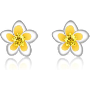 Plumeria Flower Earrings for Women - 925 Sterling Silver Frangipani Earrings Studs CZ 18K Yellow Gold-plated Hawaiian Plumeria Studs Earrings Hypoallergenic Jewelry Gifts