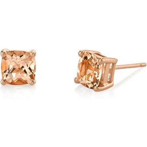 Peora Solid 14K Rose Gold Morganite Stud Earrings for Women, Genuine Gemstone Classic Solitaire, Cushion Cut 6mm, 2 Carats total, Friction Back, Pink Peach Morganite Earrings, Fine Gold Jewelry