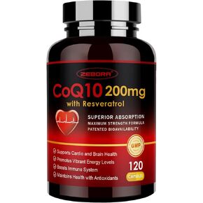 ZEBORA CoQ10-200mg with Trans-Resveratrol, PQQ & Vitamin E - High Absorption Coenzyme-Q10 with BioPerine - Powerful Antioxidant for Heart & Energy-Production,120 Veggie Capsules