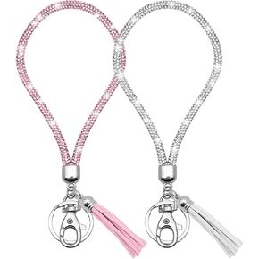 2Pcs Crystal Bling Car Keychain for Women Bling Wristlet Keychain Crystal Key Chain Accessories with Tassels Glitter Rhinestone Keychain Lanyards for Keys Keychain Keyring Wallet Credit Card Holder