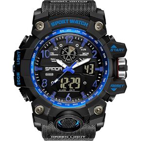 Gosasa Military Style Digital Analog Watch, Large Face 2.2", 50m Water Resistant, Dual Time Zone, Alarm, LED Backlight, Stopwatch, PU Strap