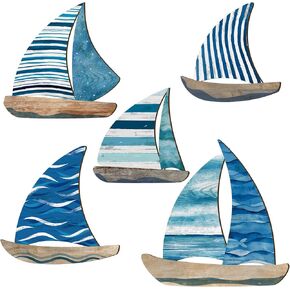 Wesiti 5 Pcs Wooden Sailboat Wall Decor Nautical Wall Decor Sailboat Wall Art Hanging Sailboat Wall Sculpture Coastal Theme Vintage Ornaments for Home Bathroom Living Room Bedroom Decorations