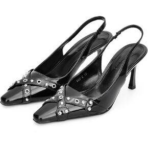 Women's Slingback Kitten Heels Black Pointed Toe Heels Eyelet Stilettos Comfortable Dress Pump Shoes Sexy Slingback Heels for Women 2.75 Inches Heels
