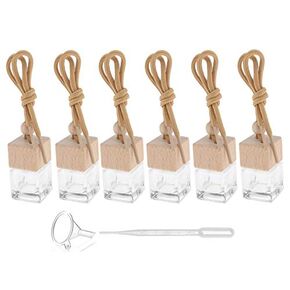 8ml Essential Oils Car Hanging Air Freshener Diffuser,Square Ornament Pendant Perfume Vials,Thick Clear Glass Fragrance Container With Wooden Caps & Hanging String,FREE Funnel,Dropper-Pack of 6