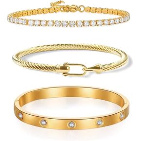 Elarith 18K Gold Plated Love Bracelet Set, Zircon Adjustable Bracelet Horseshoe Buckle Cable Bracelet, 3-Piece Women's Stackable Gold Bracelet Jewelry Set