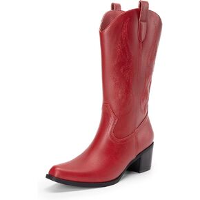 DREAM PAIRS Women's Square Toe Cowboy Boots, Western Cowgirl Boots with Embroidery Mid Calf Retro Chunky Heel Booties