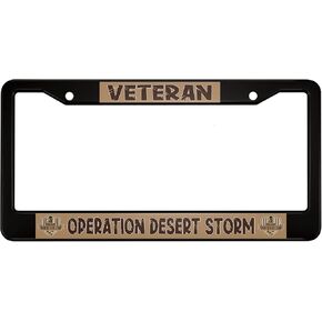 oFloral Veteran Desert Storm Aluminum Alloy License Plate Frame Anniversary Shield Ribbon Shaped Color Applicable to US Standard Car Metal Front Car Tag Holder for Women Men(1 Pack)