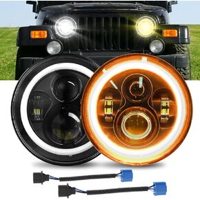 7" inch Round LED Headlight with Halo Ring Angel Eyes, 2PCS 6000 Lumens Hi/Lo Beam Headlamp Offroad Light Compatible with 1997-2018 Jeep Wrangler JK TJ LJ w/H4 to H13 Adapter Plug and Play