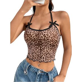 Floerns Women's Leopard Print Bowknot Front Lettuce Trim Y2k Crop Halter Top