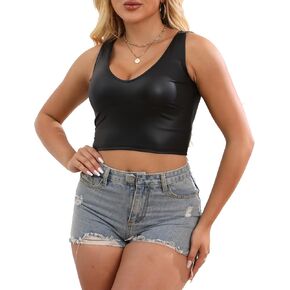 YUFEIDA Women's Crop Tops PU Leather Half Tank Top Sleeveless Mini Crops Classic Vests V Neck Lady Tops