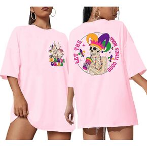 Mardi Gras Shirts for Women Oversized Skeleton Graphic Fat Tuesday Carnival Outfits New Orleans Party Tee Tops