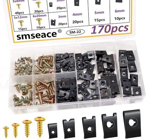 smseace 170pcs U Clip with Screw Assortment Kit 9 sizes metal clips and fasteners used Car ，dashboard ，Panel U nut and phillips screws kit SM-22 in Saudi Arabia