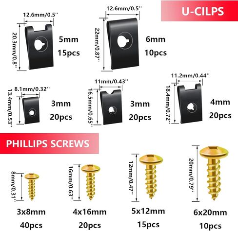 smseace 170pcs U Clip with Screw Assortment Kit 9 sizes metal clips and fasteners used Car ，dashboard ，Panel U nut and phillips screws kit SM-22 in Saudi Arabia