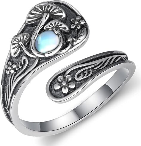 Mushroom Spoon Rings for Women 925 Sterling Silver Moss Agate Mushroom Ring Vintage Thumb Ring Jewelry for Women Men in Kuwait