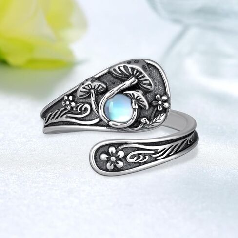 Mushroom Spoon Rings for Women 925 Sterling Silver Moss Agate Mushroom Ring Vintage Thumb Ring Jewelry for Women Men in Kuwait