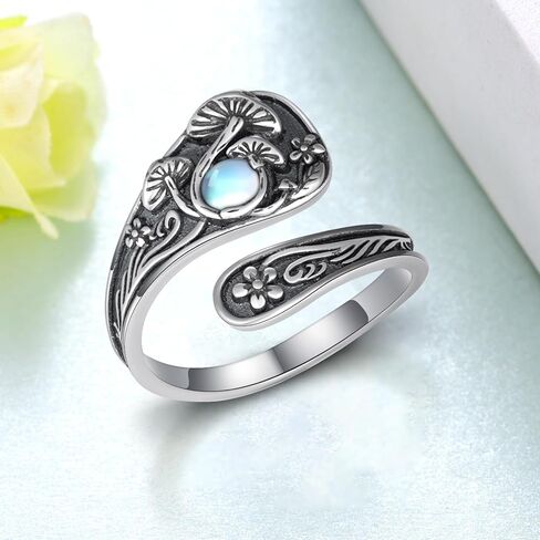 Mushroom Spoon Rings for Women 925 Sterling Silver Moss Agate Mushroom Ring Vintage Thumb Ring Jewelry for Women Men in Kuwait