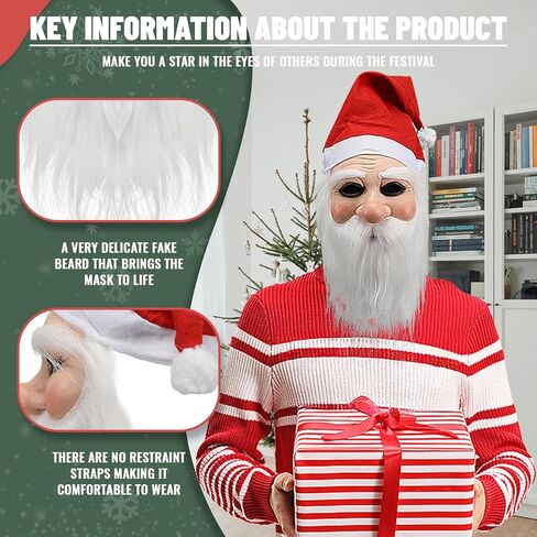 قناع سانتا كلوز أقنعة واقعية للبالغين قناع الوجه البشري العجوز مع قبعة لحية سانتا من اللاتكس دعائم تنكرية لعيد الميلاد in Kuwait