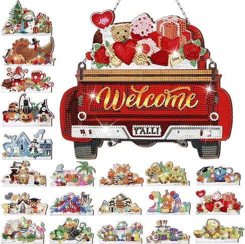 Burbell 21 Pcs Interchangeable Diamond Painting Welcome Sign for Front Door Diamond Painting Truck Decor Interchangeable Seasonal Welcome Sign for DIY Diamond Art Kit Wall Window Door Farmhouse (Red) in Kuwait
