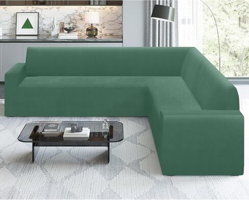 ALIECOM Velvet Corner Sectional Couch Covers L Shape Sofa Cover for Living Room Stretch Soft U Shaped Sofa Slipcover Non Slip Pets Dogs Furniture Protector with Elastic Bottom (Avocado Green,Large) in Saudi Arabia