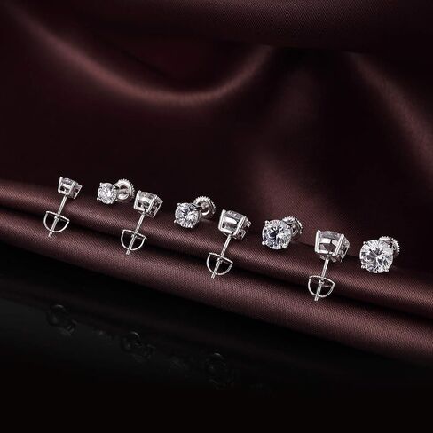Rhodium Plated Sparkling CZ Diamond Stud Earrings 925 Sterling Silver Round Cut and Princess Cut 5A+ Cubic Zirconia Stud Earrings | Screw Back CZ Stud Earrings Hypoallergenic Earrings in Kuwait