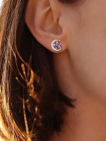 Suplight Sterling Silver Moon and Star Birthstone Crystal for Women with Dainty Silver Necklaces/Stud Earrings 1-12 Month Birthstone Emerald Pendant Sparkling Cubic Zirconia Gem Dainty Jewelry for Birthday Everyday in Kuwait