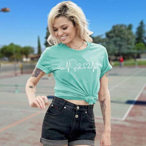 Pickleball Shirts Women Funny Tees for Pickleball Lovers Heartbeat Graphic Short Sleeve T-Shirt Tops in Kuwait