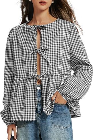 Tie Front Tops for Women Puff Long Sleeve Shirt Peplum Hem Cute Babydoll Blouse Y2k Going Out Tops in Saudi Arabia