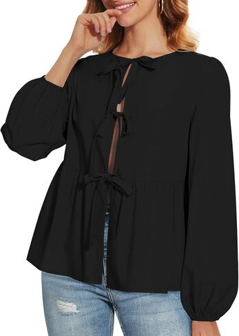 Tie Front Tops for Women Puff Long Sleeve Shirt Peplum Hem Cute Babydoll Blouse Y2k Going Out Tops in Saudi Arabia