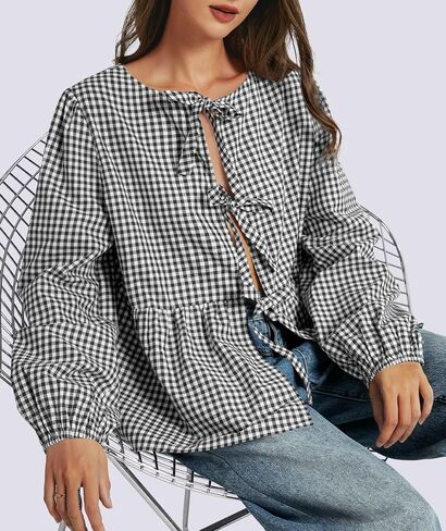 Tie Front Tops for Women Puff Long Sleeve Shirt Peplum Hem Cute Babydoll Blouse Y2k Going Out Tops in Saudi Arabia