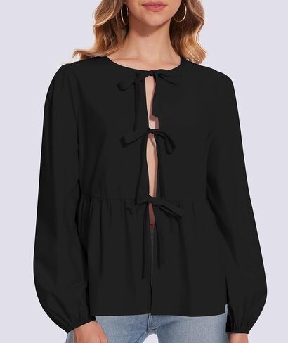 Tie Front Tops for Women Puff Long Sleeve Shirt Peplum Hem Cute Babydoll Blouse Y2k Going Out Tops in Saudi Arabia