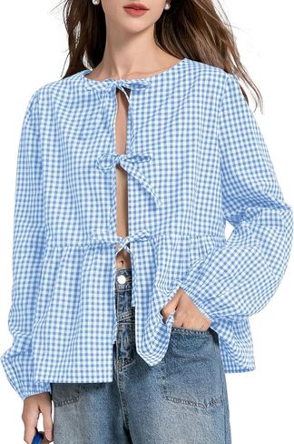 Tie Front Tops for Women Puff Long Sleeve Shirt Peplum Hem Cute Babydoll Blouse Y2k Going Out Tops in Saudi Arabia
