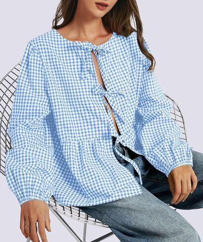 Tie Front Tops for Women Puff Long Sleeve Shirt Peplum Hem Cute Babydoll Blouse Y2k Going Out Tops in Saudi Arabia
