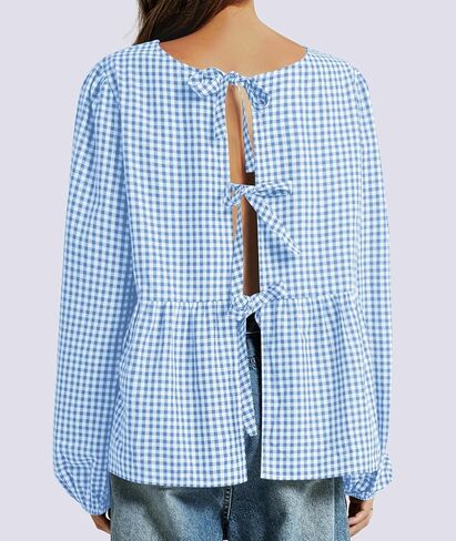 Tie Front Tops for Women Puff Long Sleeve Shirt Peplum Hem Cute Babydoll Blouse Y2k Going Out Tops in Saudi Arabia