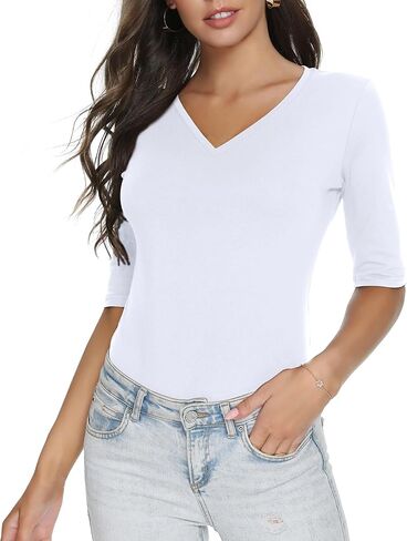 تي شيرت نسائي أساسي بنصف كم وياقة على شكل V، وقمصان علوية قطنية كاجوال قابلة للتمدد in Kuwait