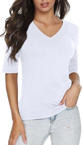 تي شيرت نسائي أساسي بنصف كم وياقة على شكل V، وقمصان علوية قطنية كاجوال قابلة للتمدد in Kuwait