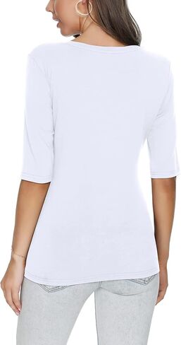 تي شيرت نسائي أساسي بنصف كم وياقة على شكل V، وقمصان علوية قطنية كاجوال قابلة للتمدد in Kuwait