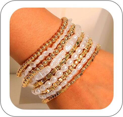 7Pcs Gold Beaded Bracelets Set for Women Stretch Bracelet Bead Ball Stackable Chunky Bracelet Jewelry Trendy and Dainty Bracelet Set in Kuwait