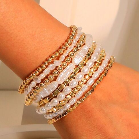 7Pcs Gold Beaded Bracelets Set for Women Stretch Bracelet Bead Ball Stackable Chunky Bracelet Jewelry Trendy and Dainty Bracelet Set in Kuwait