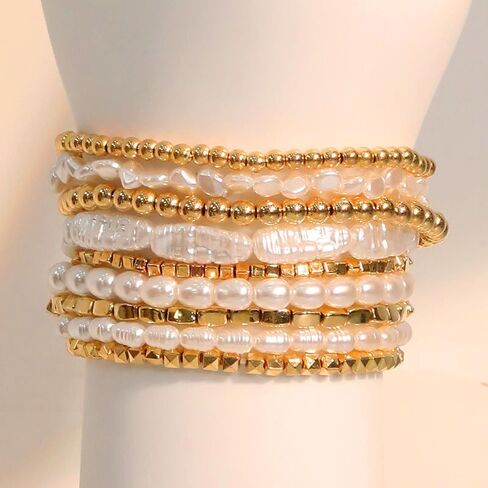 7Pcs Gold Beaded Bracelets Set for Women Stretch Bracelet Bead Ball Stackable Chunky Bracelet Jewelry Trendy and Dainty Bracelet Set in Kuwait