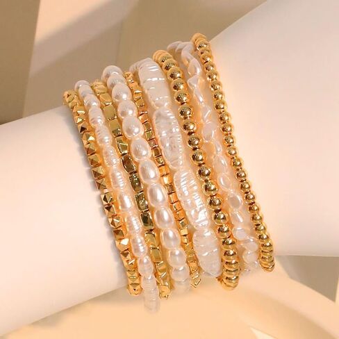 7Pcs Gold Beaded Bracelets Set for Women Stretch Bracelet Bead Ball Stackable Chunky Bracelet Jewelry Trendy and Dainty Bracelet Set in Kuwait