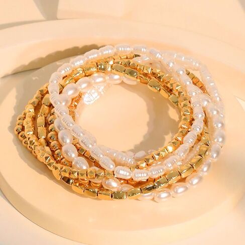 7Pcs Gold Beaded Bracelets Set for Women Stretch Bracelet Bead Ball Stackable Chunky Bracelet Jewelry Trendy and Dainty Bracelet Set in Kuwait