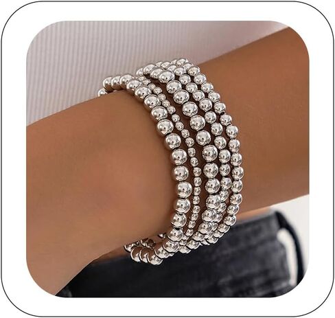 7Pcs Gold Beaded Bracelets Set for Women Stretch Bracelet Bead Ball Stackable Chunky Bracelet Jewelry Trendy and Dainty Bracelet Set in Kuwait
